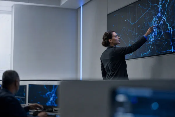 A dispatcher in a logistics control room working at a wall-sized route map