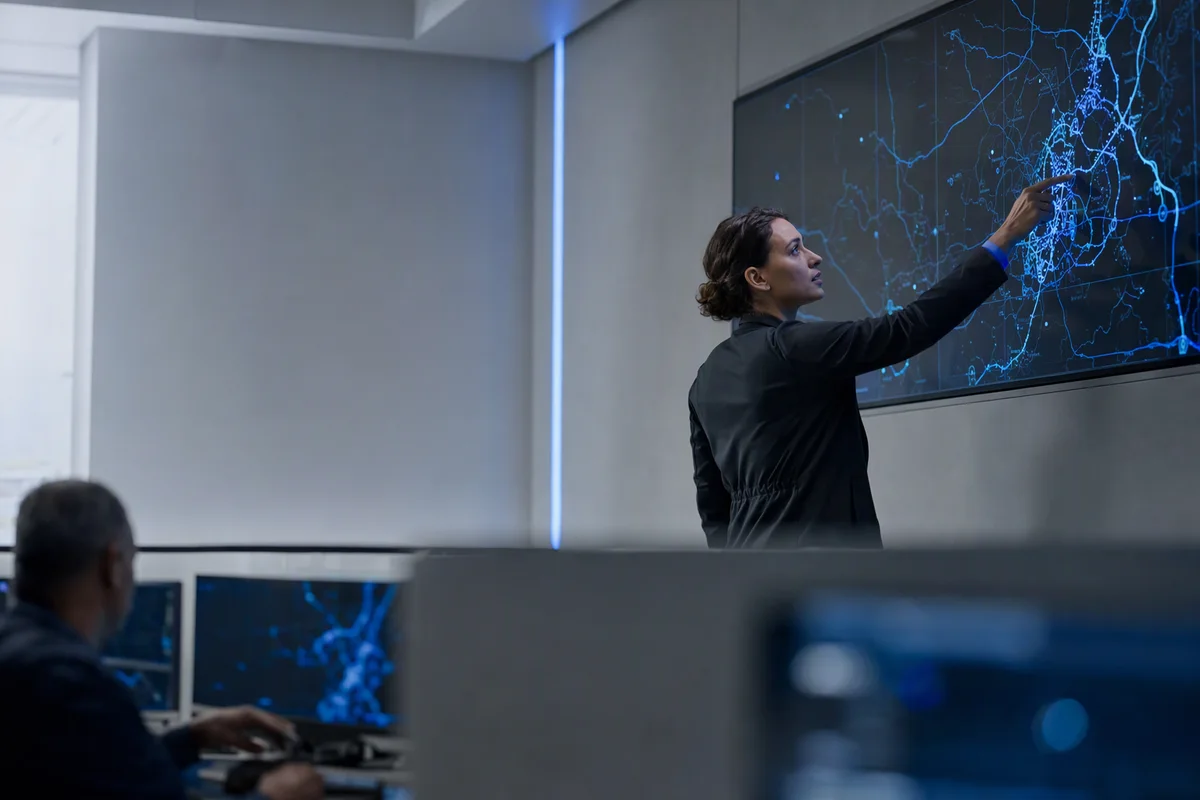 A dispatcher in a logistics control room working at a wall-sized route map