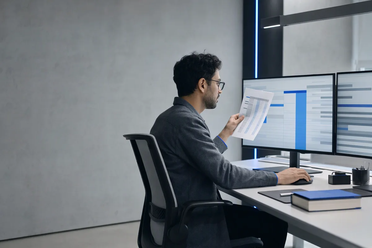 A finance clerk seen from the side at a desk with two monitors, one showing an abstract blue-and-grey ledger, a hand resting on the mouse and a printed document held against the screen for comparison, cool office light