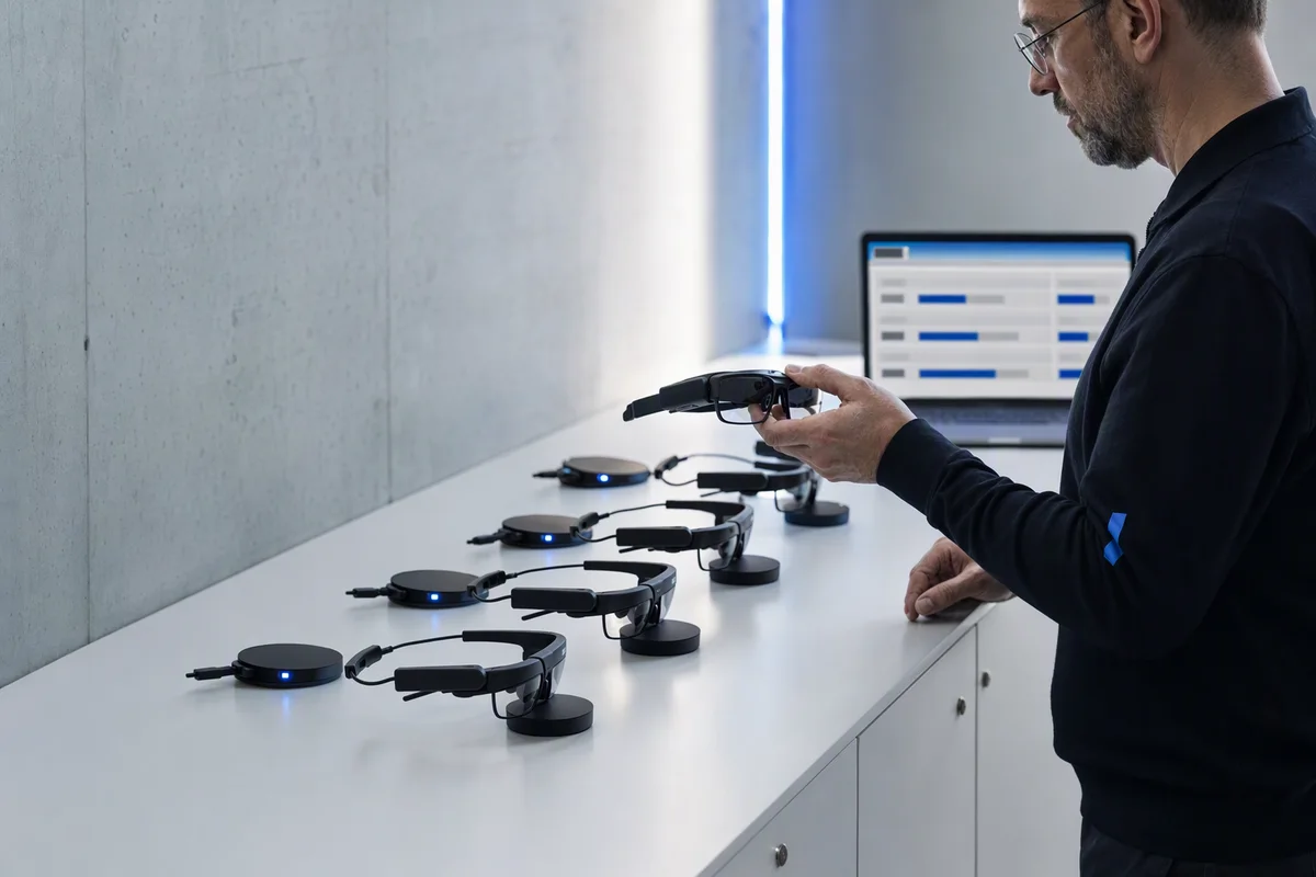 A clean IT preparation room with a row of identical unbranded smart glasses on a white shelf, each paired with a small compute unit and a short cable, thin blue charging lights, an administrator seen from the side picking one pair up, a laptop in the background