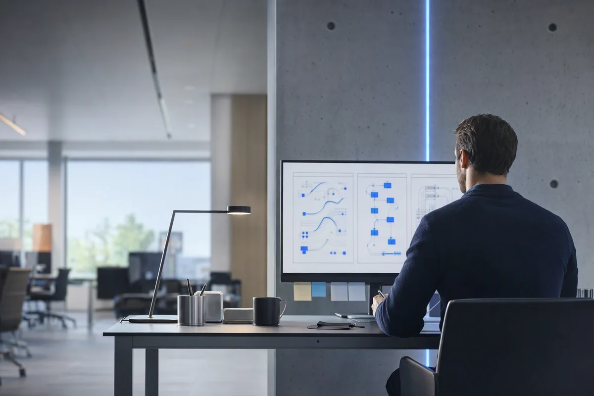 An operations lead seen from behind at a desk with a large monitor showing three abstract blue process flows side by side, sticky notes along the desk edge and a quiet modern office beyond
