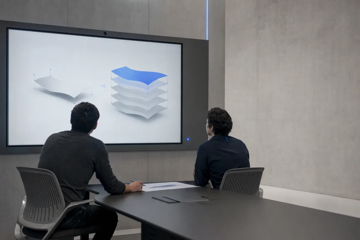 Two engineers seen from behind at a shared table in a quiet office, a large wall screen between them showing an abstract blue-and-grey diagram of a form and its versions, a printed sheet under one hand, a single blue status light on the screen frame