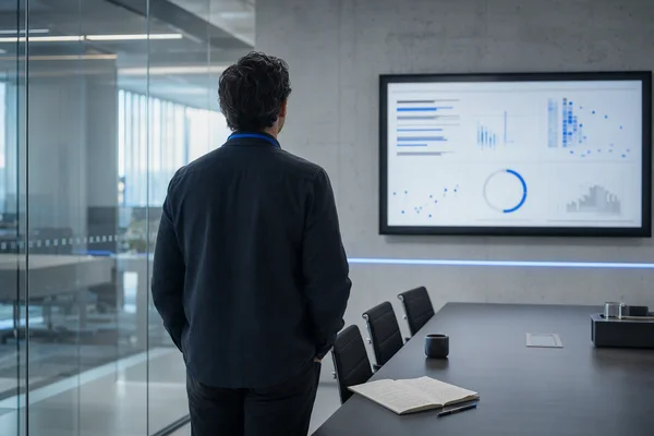 A manager seen from behind standing in a glass meeting room, looking at a large wall screen with abstract blue-and-grey charts, a notebook with handwritten questions on the table and empty chairs around it