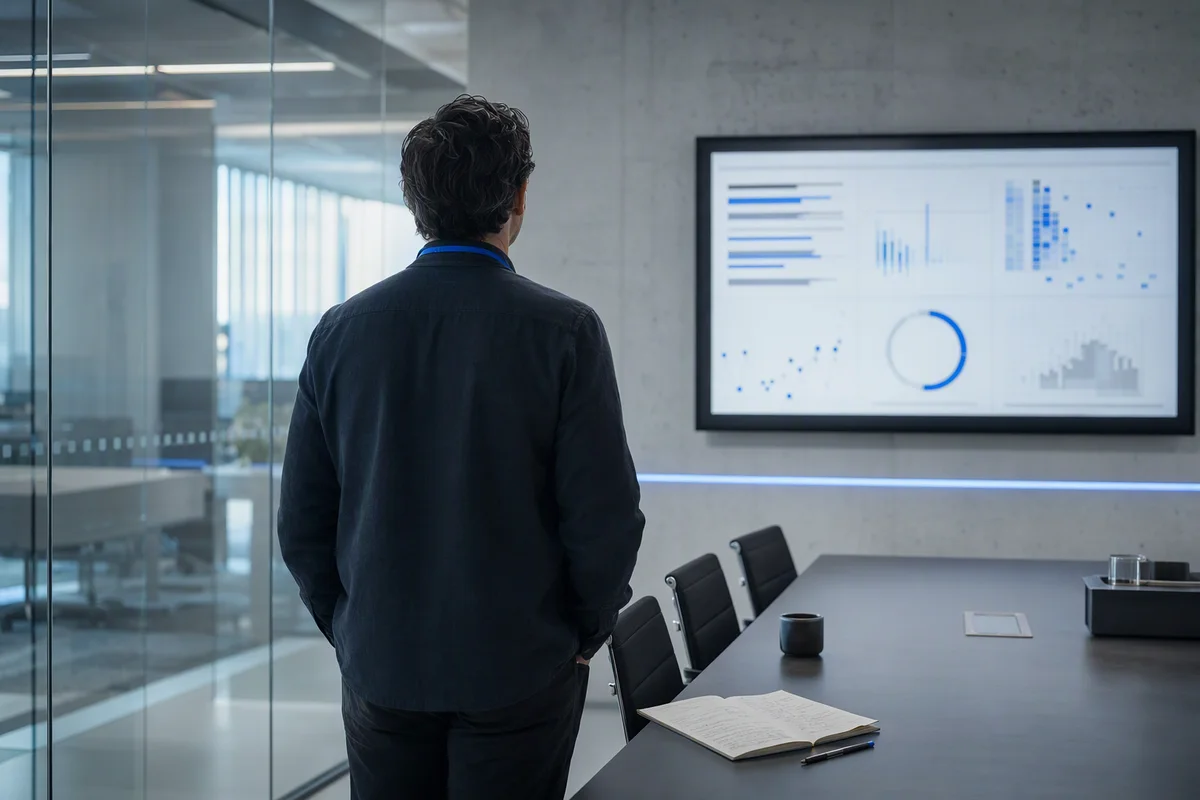 A manager seen from behind standing in a glass meeting room, looking at a large wall screen with abstract blue-and-grey charts, a notebook with handwritten questions on the table and empty chairs around it
