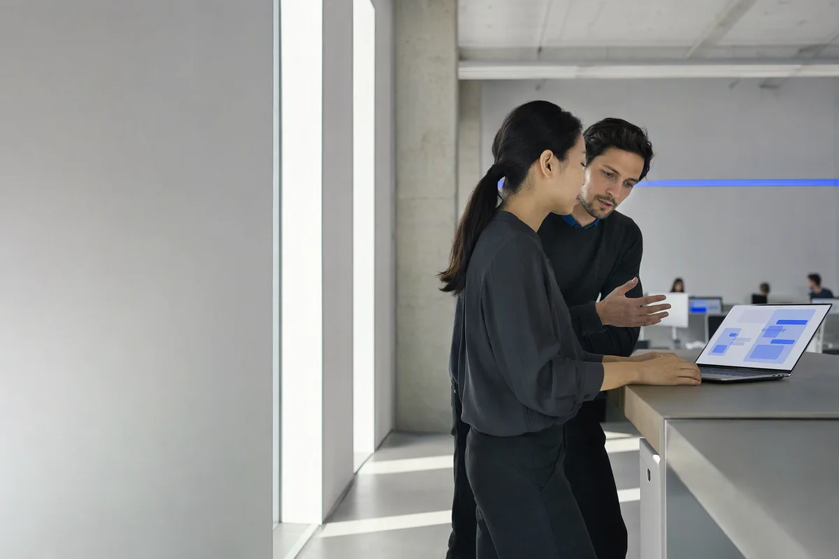 Two colleagues at a standing desk in a bright open-plan office, one talking while the other types on a laptop showing an abstract blue conversation layout, seen from the side in daylight from tall windows