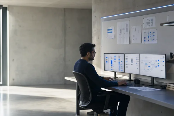 An analyst seen from the side at a long desk with three monitors showing abstract blue-and-grey tables and connecting lines, printed schema diagrams pinned to a board behind, late-afternoon light