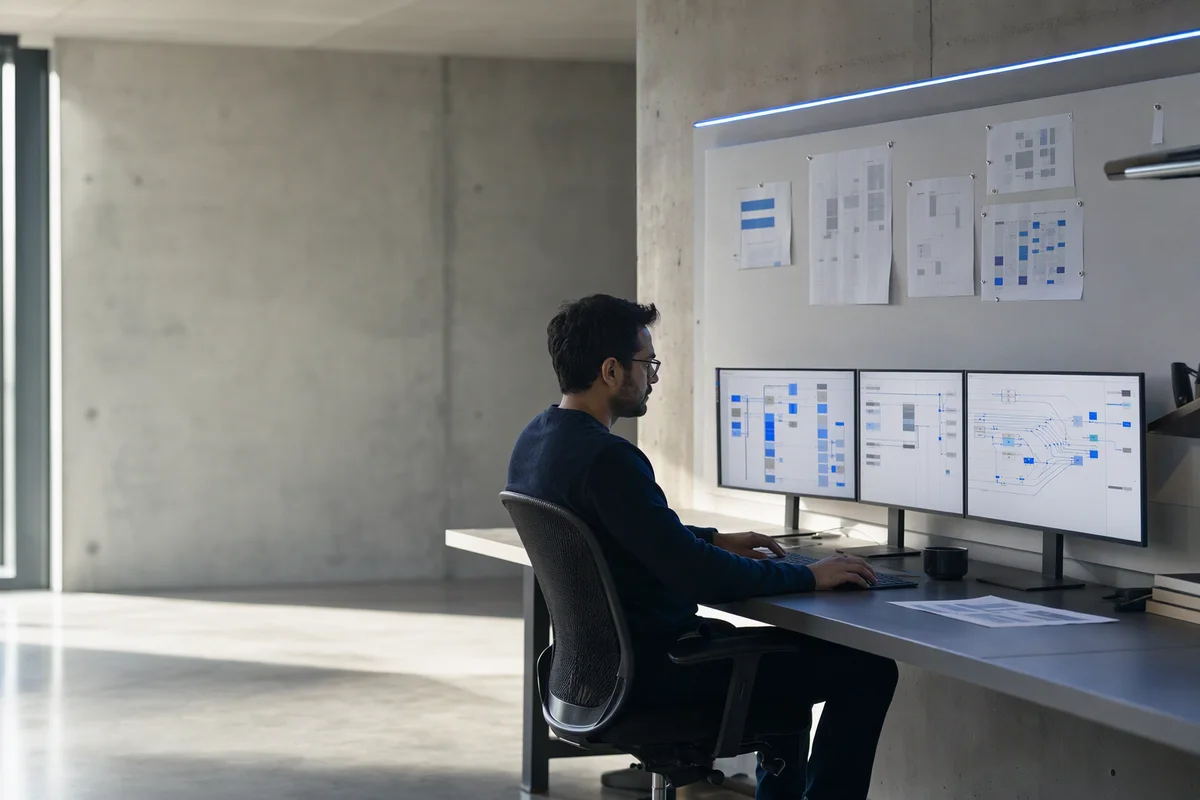 An analyst seen from the side at a long desk with three monitors showing abstract blue-and-grey tables and connecting lines, printed schema diagrams pinned to a board behind, late-afternoon light