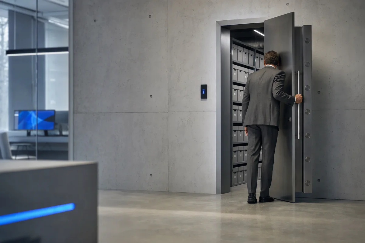 A person in a grey suit seen from behind closing the heavy steel door of a records room lined with labelled grey boxes, a small blue-lit access panel on the wall, cool even light