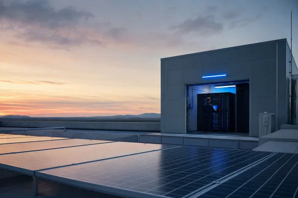 Rooftop solar panels in front of a small modern data-centre building at sunset