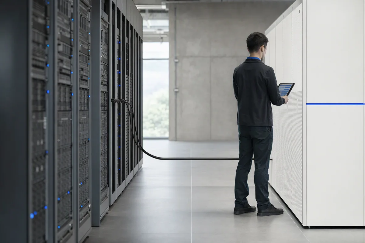 A server room corridor seen along its length, two racks of older grey equipment on the left and one new white rack on the right joined by a single bundled cable, a technician from behind checking a handheld screen with abstract blue-and-grey rows, thin blue status lights