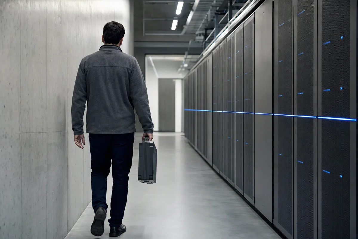 A server room corridor seen from behind an engineer carrying a single labelled drive case, rows of grey racks on both sides with one thin blue status line running the length of the aisle, cool even light