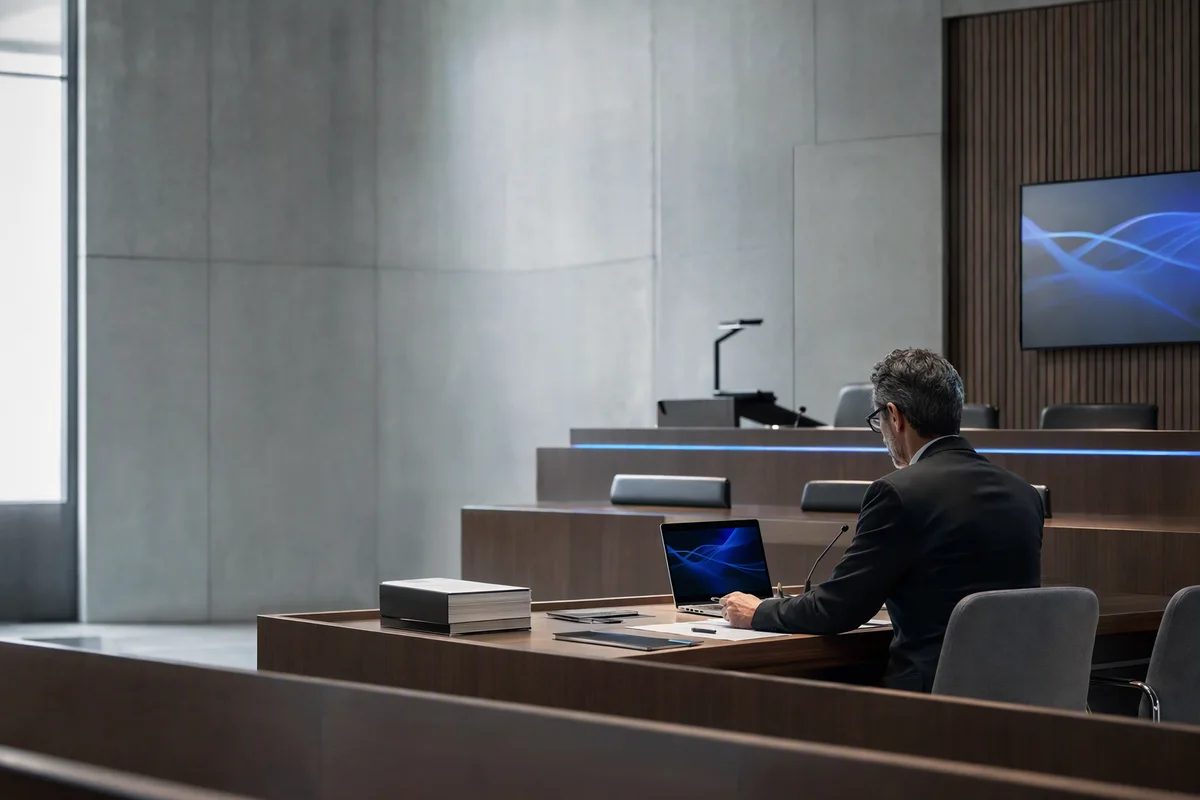 An empty modern hearing room with wooden benches, a long table, a laptop and stacked documents