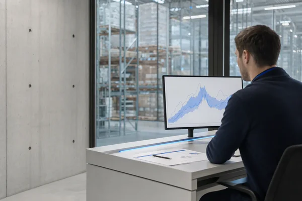 A planner seen from the side in a bright office overlooking tall warehouse racking, a monitor showing an abstract blue line chart with a shaded band, a printed spreadsheet and a pen on the desk
