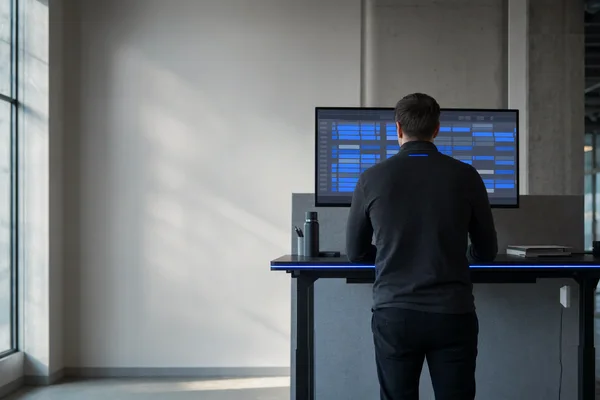 A planner seen from behind at a standing desk in a quiet dispatch office, one wide monitor showing an abstract blue-and-grey board of queued rows that updates as she watches, a thin blue status strip along the top edge of the desk