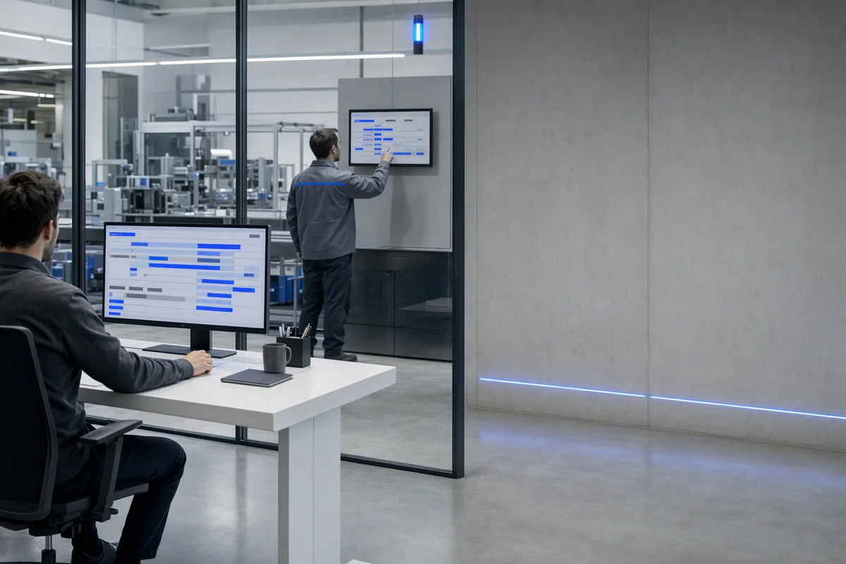 A production planning room seen from the side: a planner at a desk with one monitor showing an abstract blue-and-grey job board, behind the glass wall an assembly line where an operator looks at a wall-mounted terminal with the same shapes, a single blue indicator light above the line