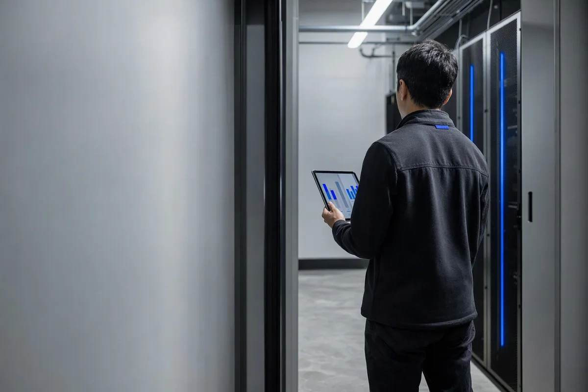 A small on-premise server room seen from the doorway, two racks with a thin line of blue status lights, an engineer from behind holding a tablet that shows abstract blue-and-grey bar shapes, cool overhead light and a clean concrete floor