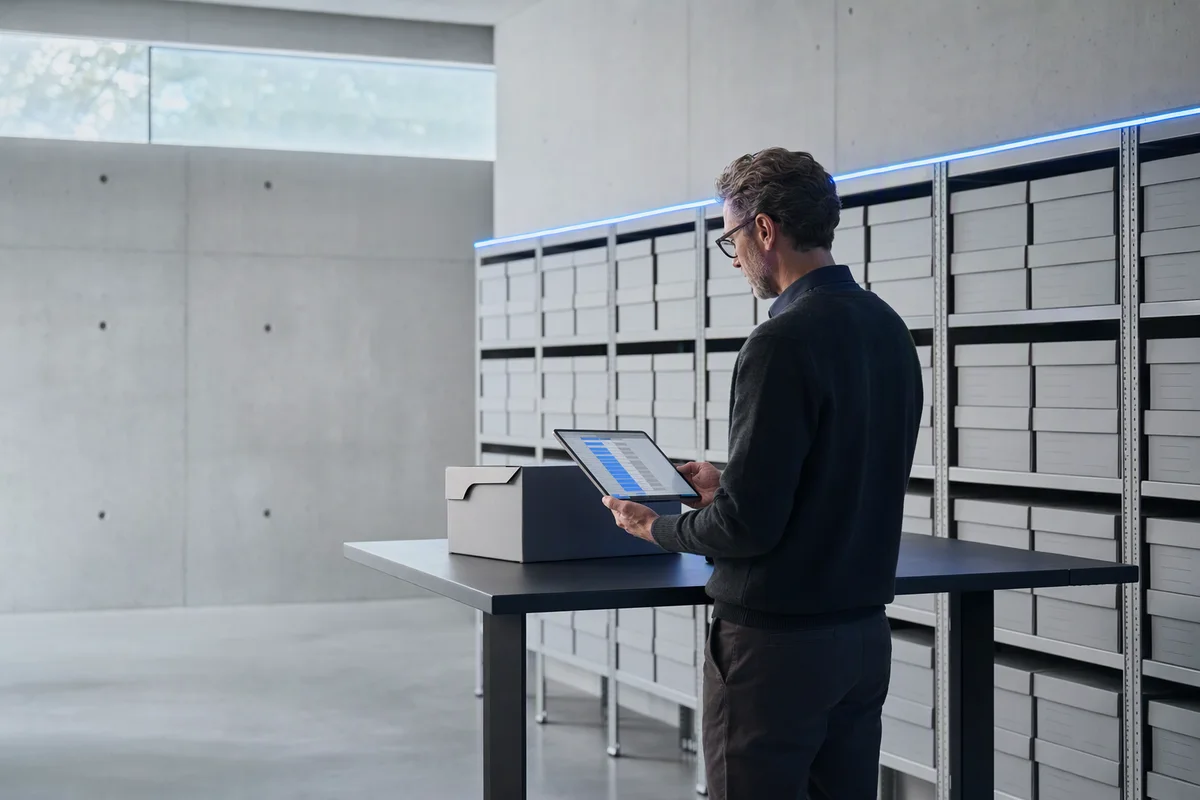 A quiet archive room seen from the side: an archivist at a standing desk with a single tablet showing an abstract blue-and-grey ledger, behind him long rows of identical grey storage boxes under a thin blue LED line, morning light from a high window
