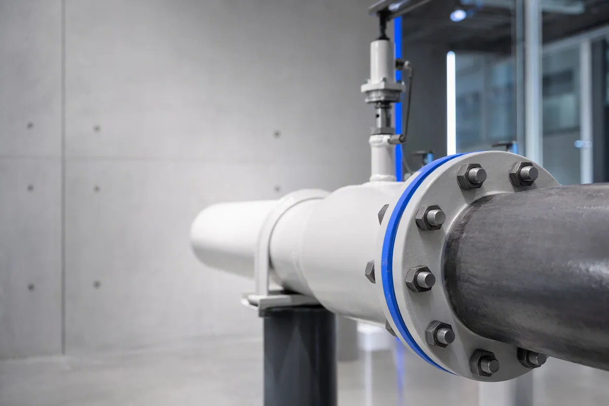 Two industrial pipes joined by a bolted flange in a clean plant room