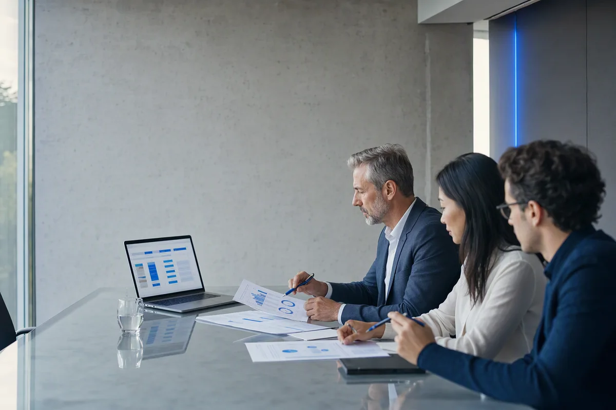 Three people from a finance team seen from the side at a glass table, comparing printed reports with figures circled in blue pen, a laptop showing an abstract blue-and-grey table, daylight