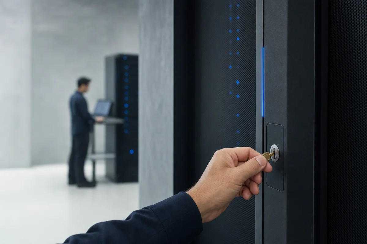 A technician's hand holding a small brass key in front of a locked graphite server cabinet, a thin blue status light on the cabinet door and cool server-room haze behind