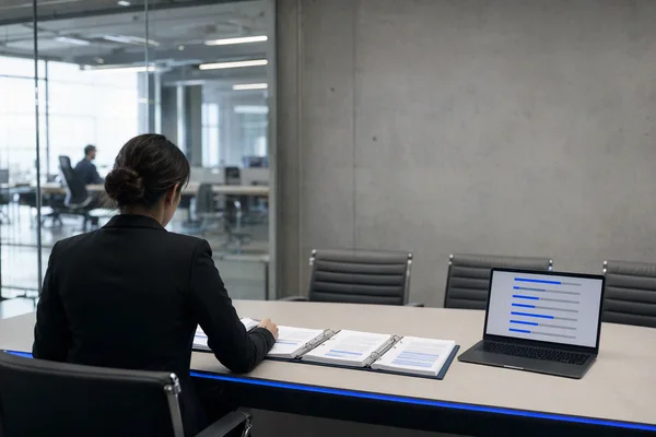 An auditor seen from behind at a long table in a glass meeting room, three bound ledgers open side by side, a laptop showing an abstract blue-and-grey version list, a thin blue strip of light along the table edge