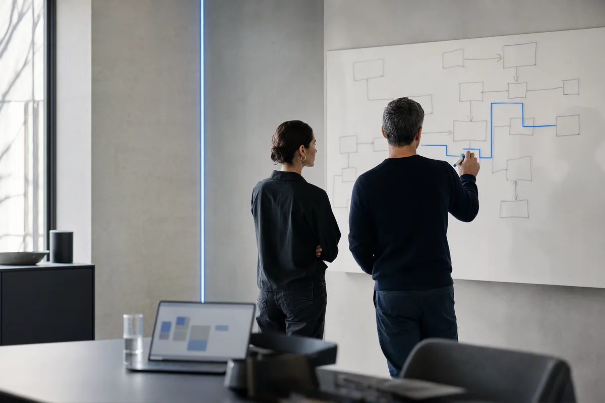 An experienced employee seen from behind explaining something to a new colleague at a whiteboard covered in hand-drawn boxes and connecting lines, one line traced in blue marker, soft daylight in a plain meeting room