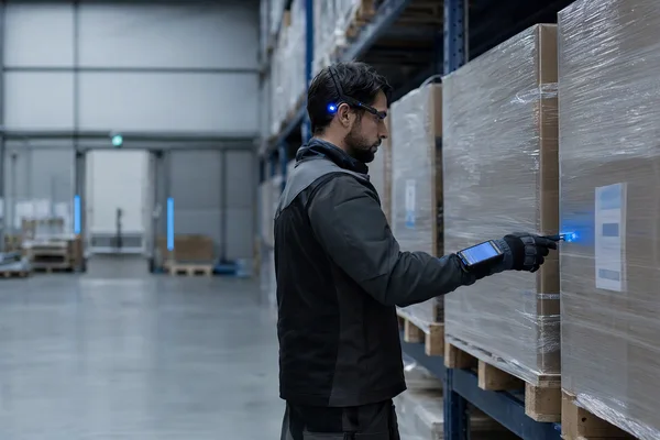 A warehouse worker in gloves and a light headset seen from the side, scanning a pallet label with a wrist-mounted scanner in a tall racking aisle, a thin blue light on the headset, cool industrial lighting