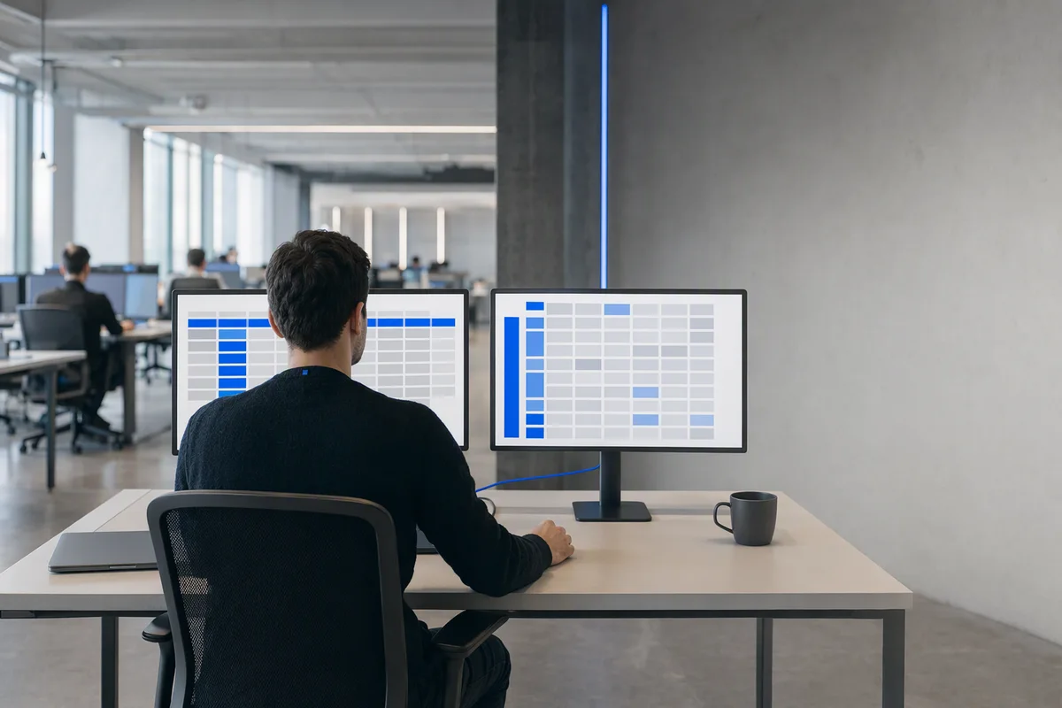 A data engineer seen from behind at a desk with two monitors side by side, each showing the same abstract blue-and-grey table in a different layout, a single blue cable running between the two machines, a bright open-plan office out of focus
