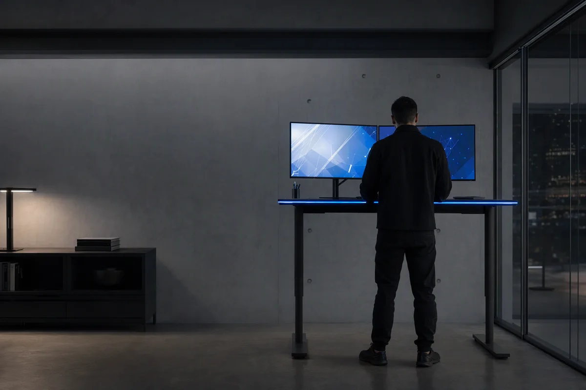 A software engineer at a standing desk at night, seen from behind, facing two large monitors