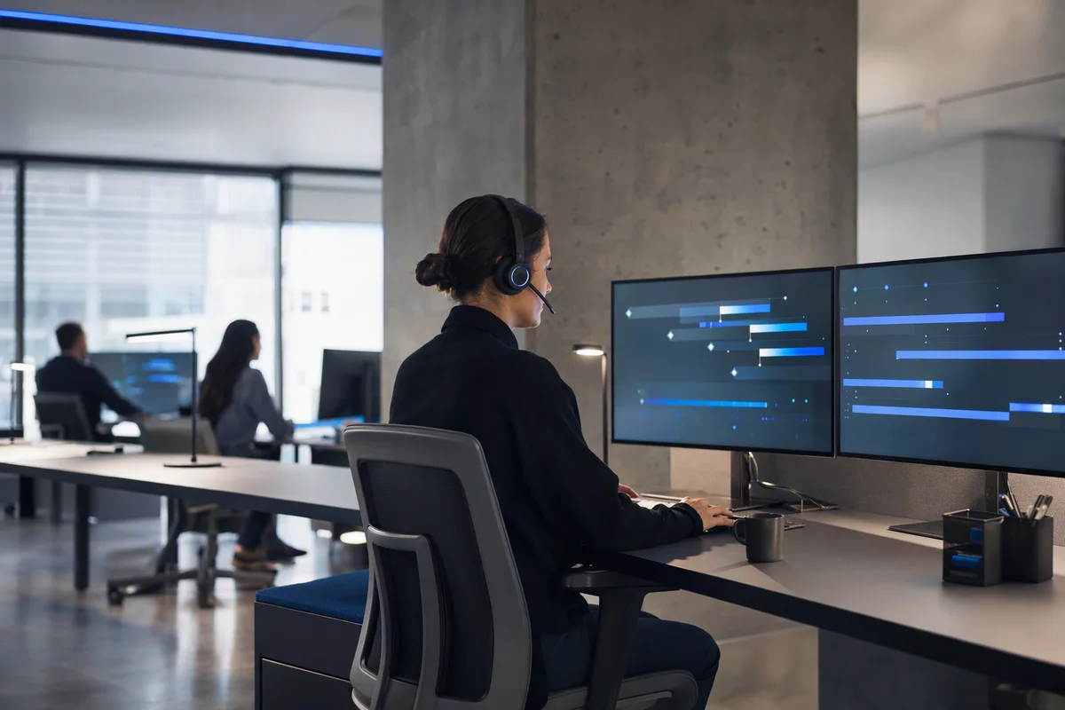A customer service specialist wearing a headset at a desk with two screens, colleagues blurred behind
