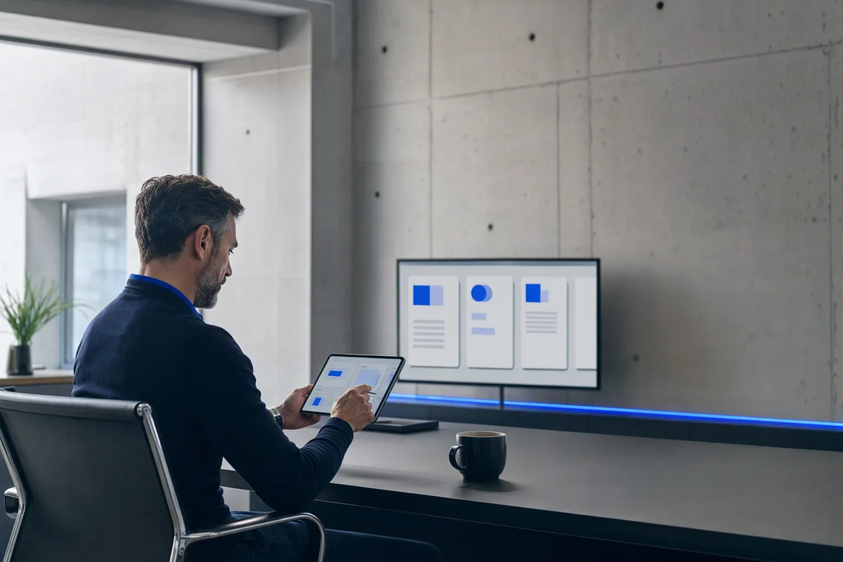 A manager approving items on a tablet at a desk in a minimal office