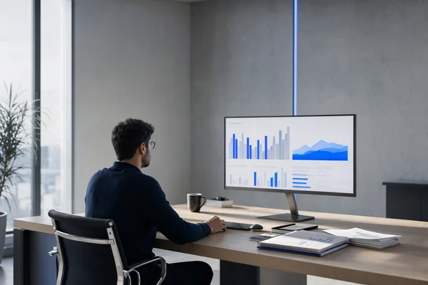 A person reviewing cash-flow charts on a large monitor at a tidy desk with a calculator and documents
