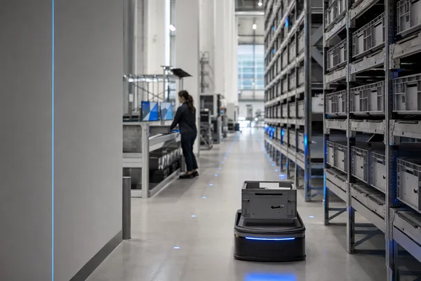 A tall warehouse aisle with high racking and a mobile robot carrying a tote