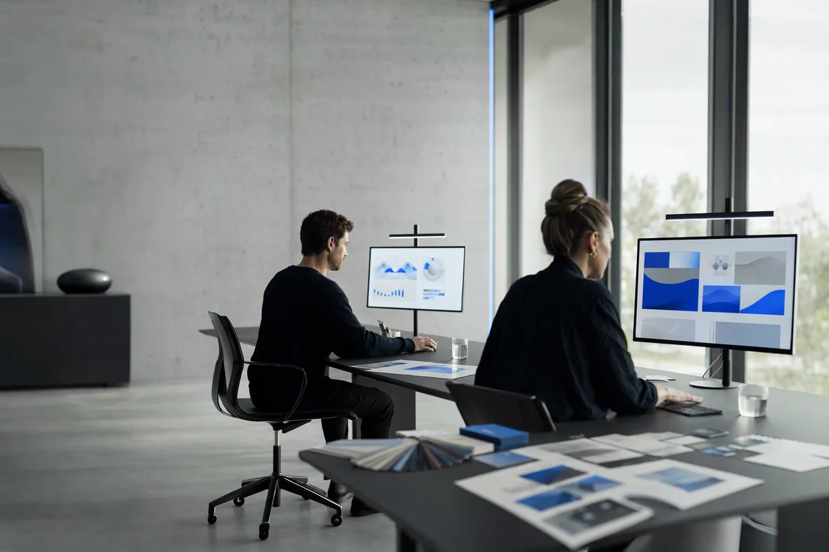 Two people at a long table with large monitors, printed proofs and colour swatches in a bright studio