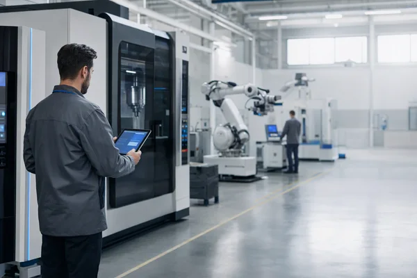An engineer checking a tablet beside a machining centre and a robotic arm in a clean production hall