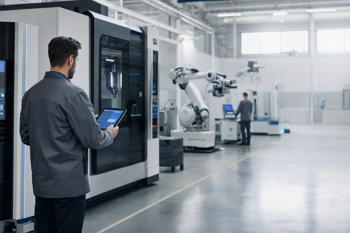 An engineer checking a tablet beside a machining centre and a robotic arm in a clean production hall