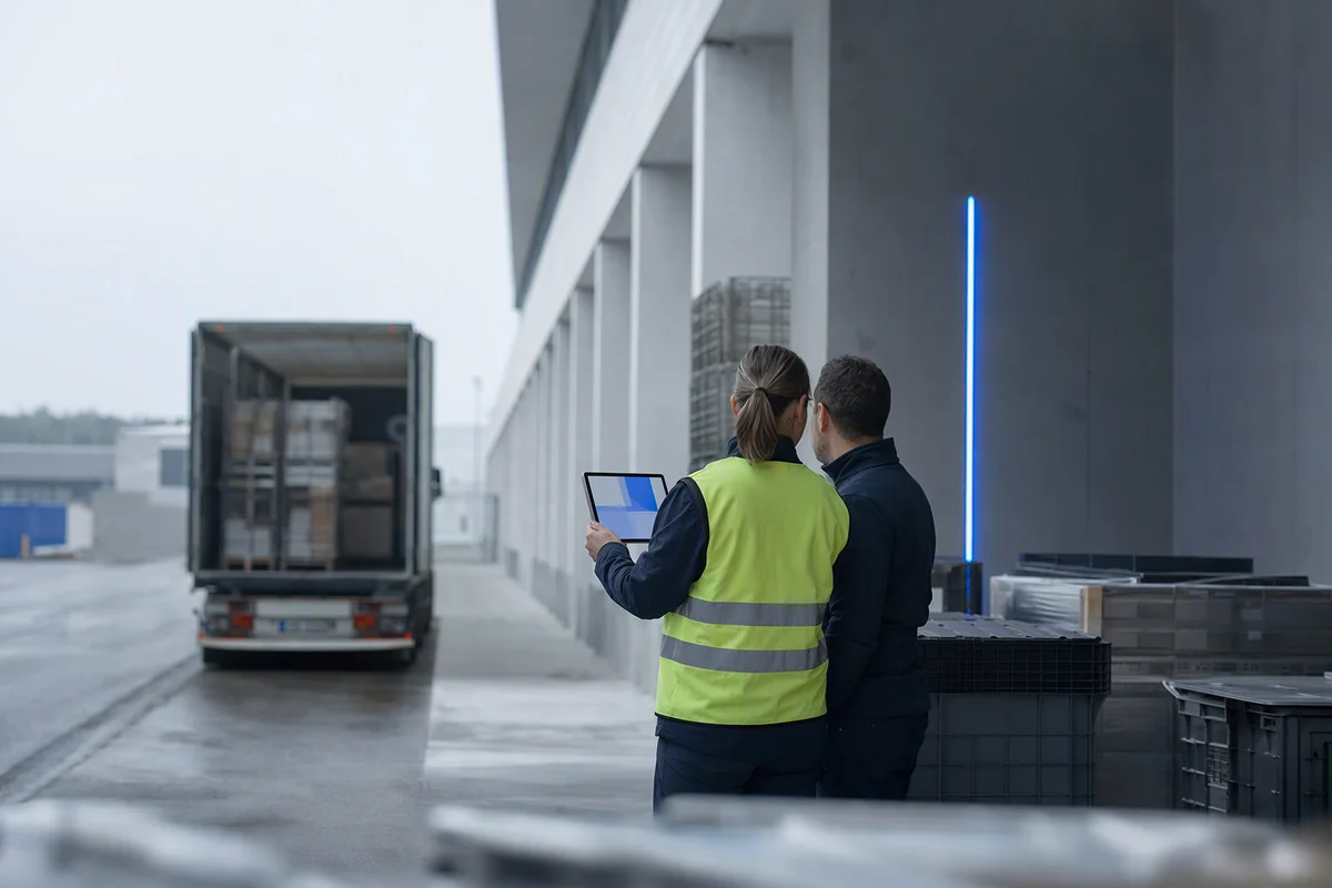 Two people reviewing a tablet at a loading dock beside stacked crates and a truck