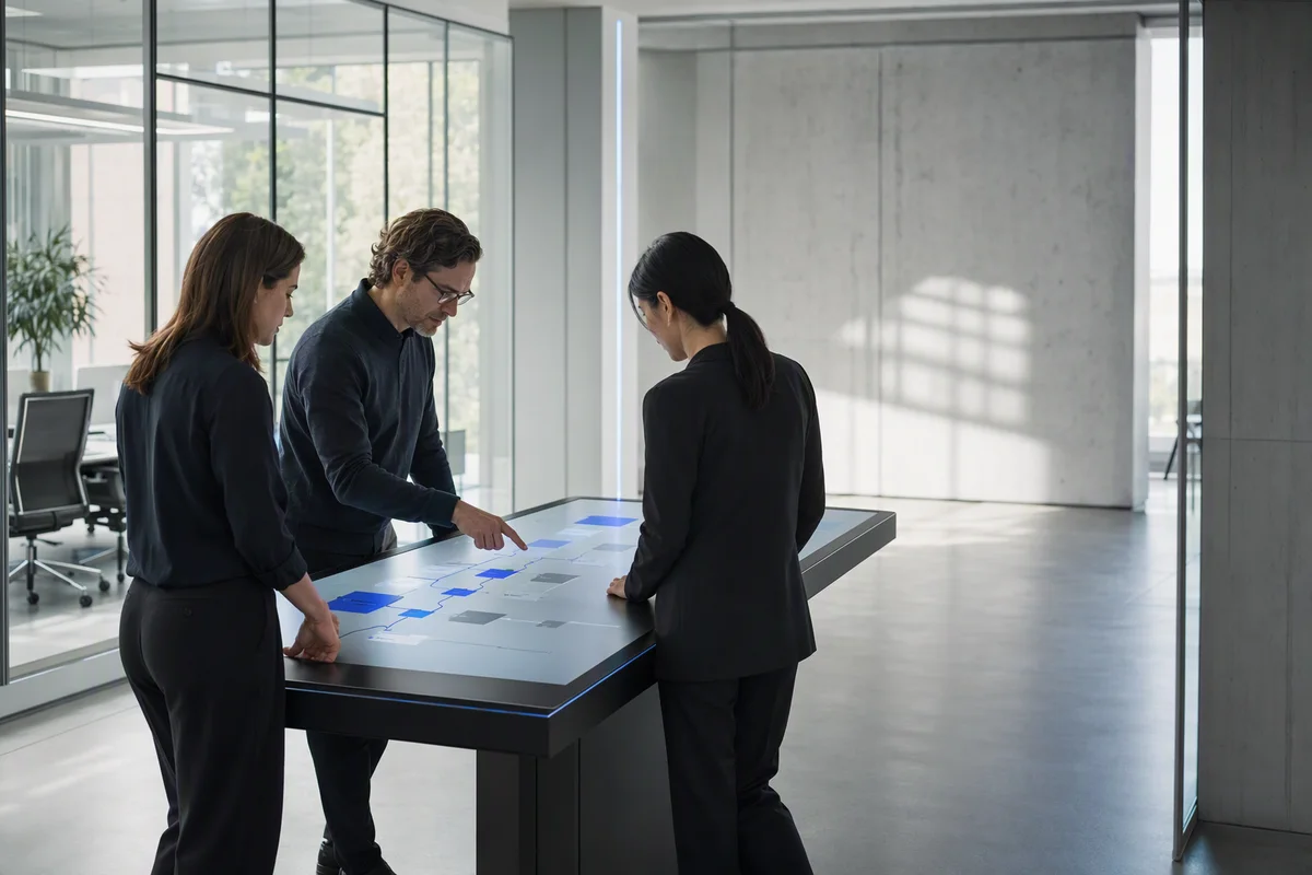 Three people around a large touch table in a glass meeting room, one pointing at a flow of cards