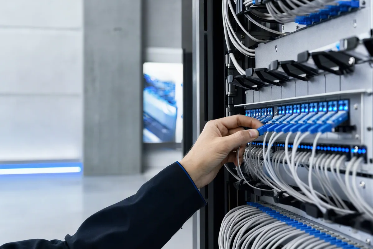 A technician's hand plugging a cable into a neatly routed fibre-optic patch panel