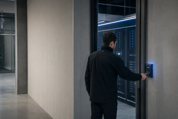 A person holding an access card to the reader at the glass door of a server room