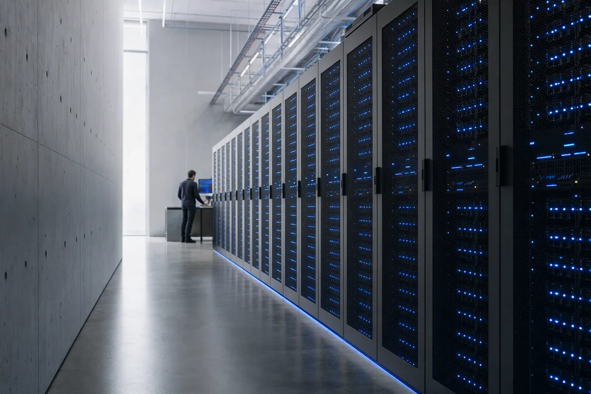 A long data-centre aisle between rows of graphite server racks with small status lights